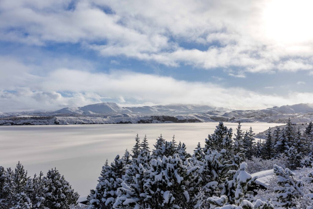 A white lake after a snowfall is framed by snow coated pine trees and white snow capped mountains. This is the perfect spot for an iceland elopement.