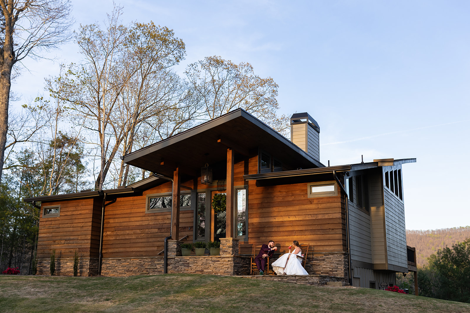 bride and groom share a laugh on their AirBnB patio