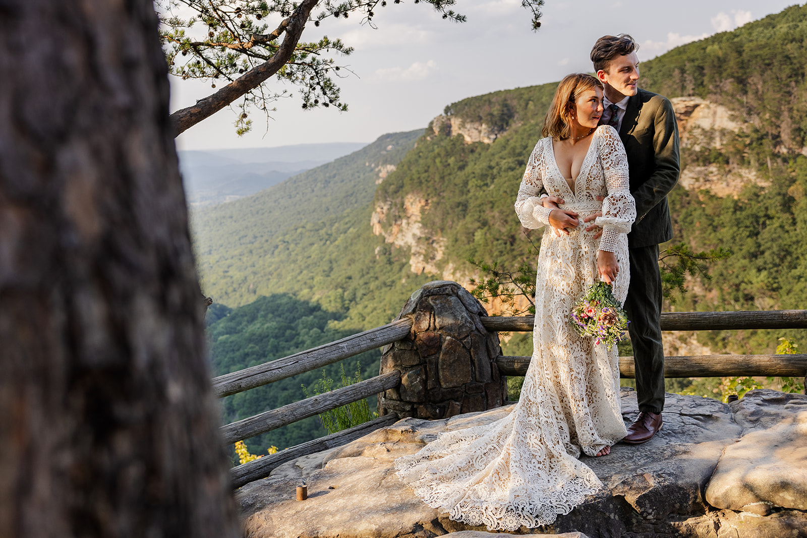 stunning couple share a moment of love together during their cloudland canyon elopement day in Georgia!