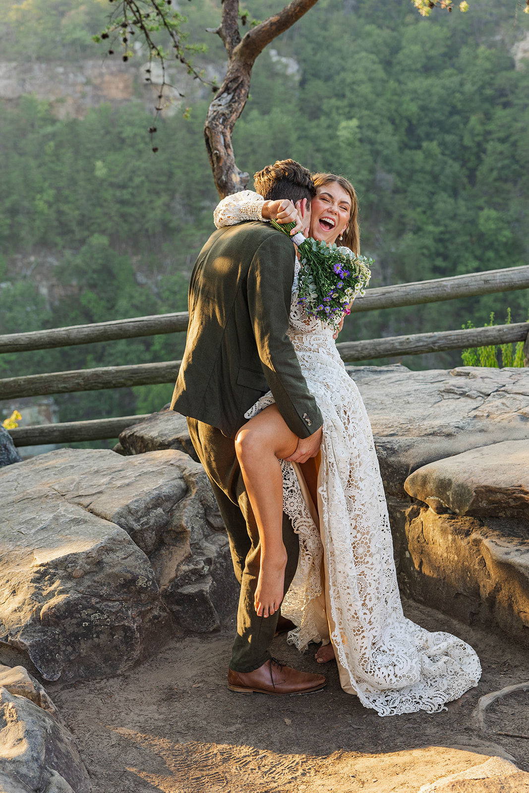 stunning couple share a moment of love together during their cloudland canyon elopement day in Georgia!